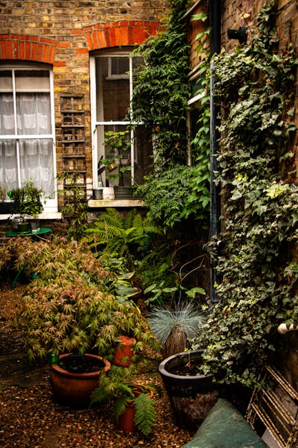A small garden situated against a brick and wooden fence, featuring a variety of potted plants with lush green foliage, including ferns and ivy. The garden bed is densely planted, with some plants spi